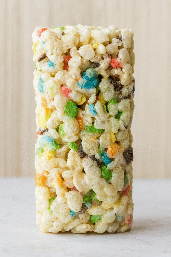 Delta‑9 THC Fruity Pebble Rice Crispy Treat edible made with hemp-derived cannabis, colorful cereal, and marshmallow.