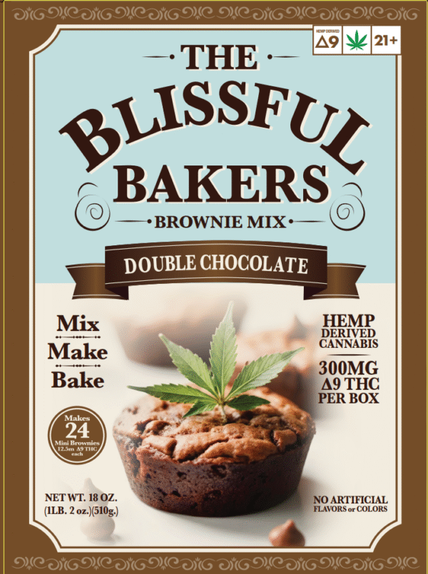 Bag of Double Chocolate Brownie Mix containing 300mg Delta‑9 THC, made with cocoa and chocolate chips for homemade edibles.